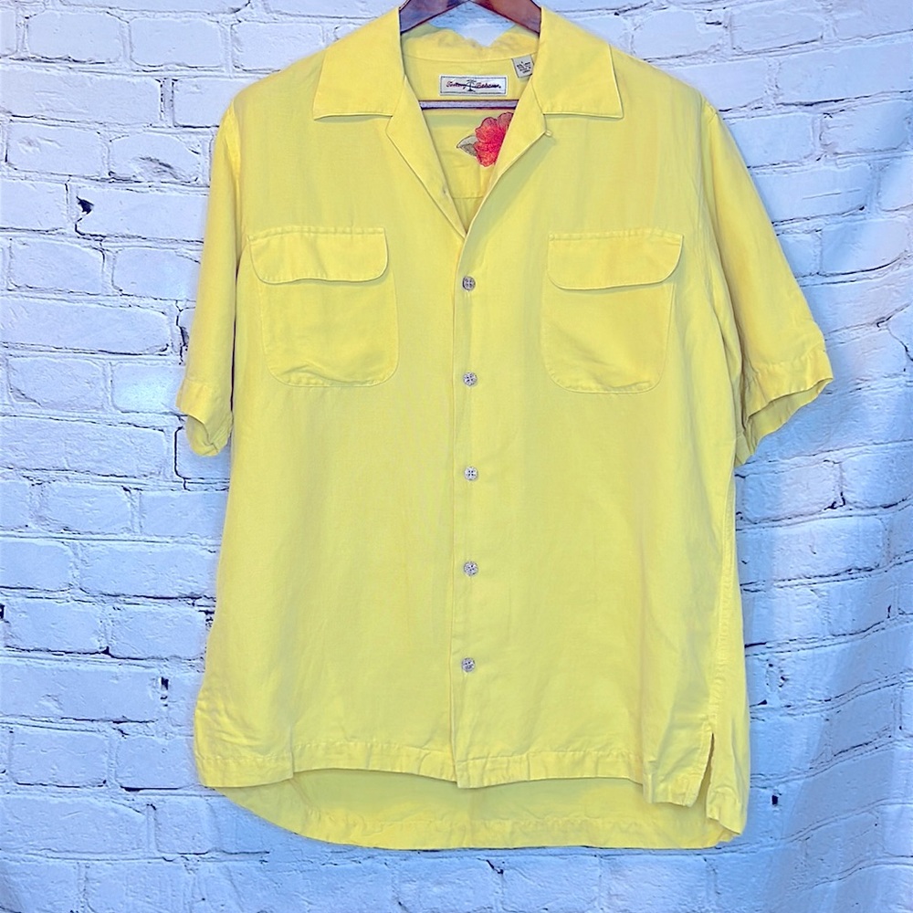 Tommy Bahama Yellow Linen & Silk Short Sleeve Button Down Shirt Size Large